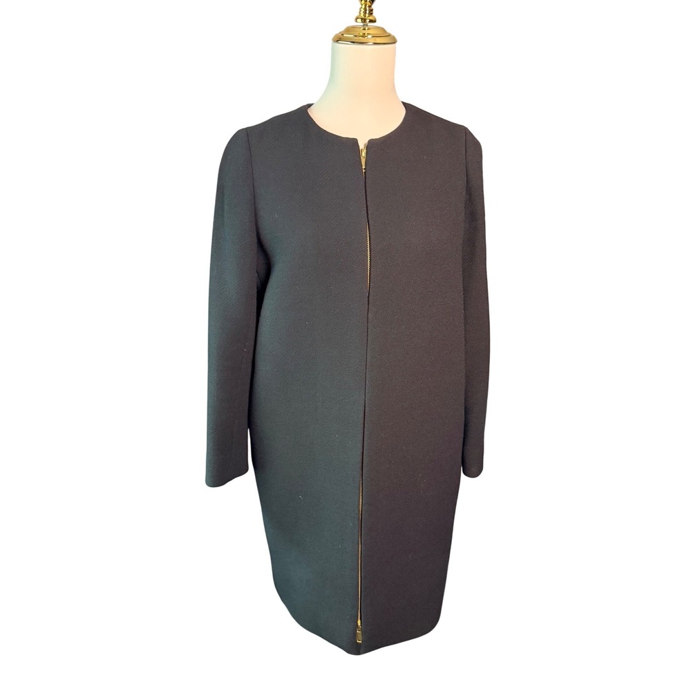 J.Crew Double Cloth Wool Collarless Coat Black 2P Gold Zipper Minimalist Preppy